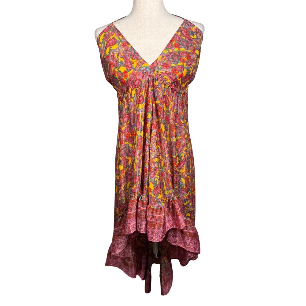 Amor Paisley High Low Dress Women Free Size Yellow Pink Silk Blend Boho Resort